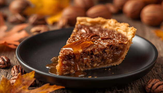Slice of homemade pecan pie on a black plate with autumn leaves and nuts background