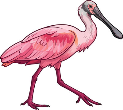 A vibrant illustration of a roseate spoonbill standing in profile.