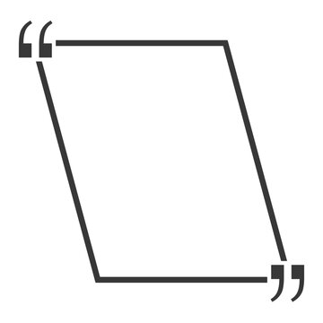 A professional clean minimalist graphic of a black slanted parallelogram speech bubble frame with opening and closing quotation marks, highlighting quotes, messages, notes, and feedback.