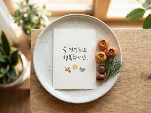 세련된 도자 접시 위의 심플한 추석 카드