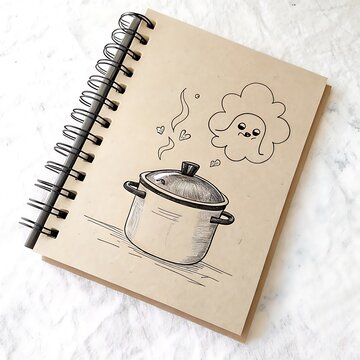 Cartoon cooking pot with steam and thought bubble on notebook