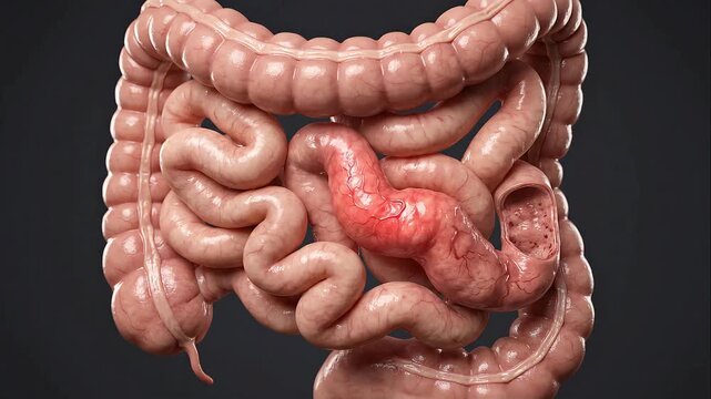 Female Patient Experiencing Severe Stomach Pain with Inflamed Gastrointestinal Tract Graphic