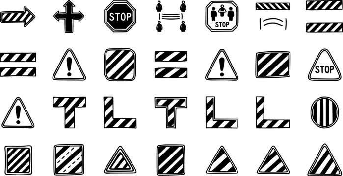 Black and White Line Art Set of Traffic and Warning Signs