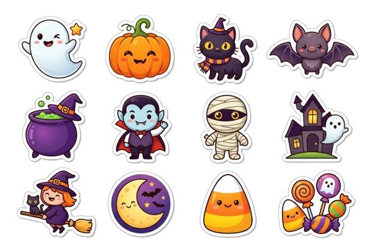 A set of cute cartoon Halloween stickers featuring ghosts, pumpkins, a black cat, bats, a witch, a vampire, a mummy, candy and a haunted house on a white background. 