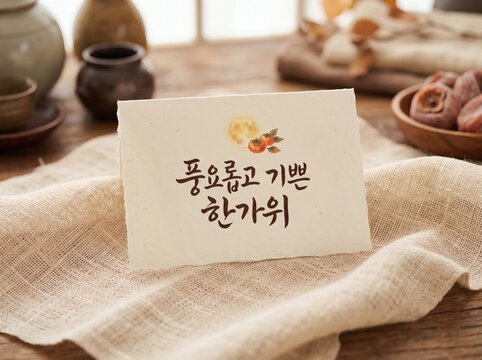 은은한 모시 수건 옆의 미니멀 추석 감사 카드