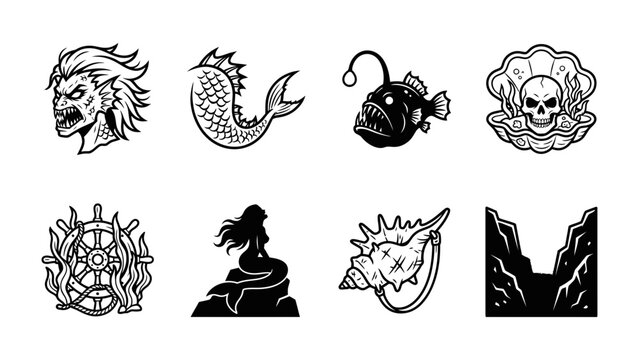 Mythical Sea Creatures and Objects: A collection of monochrome illustrations depicting legendary sea dwellers like a merman and a mermaid, alongside oceanic symbols such as a ship's wheel.