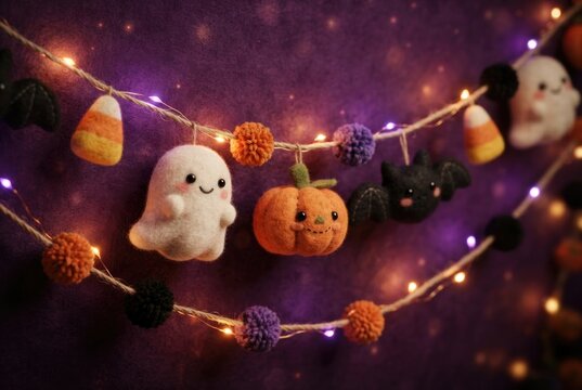 A felt Halloween garland with cute plush ghosts, pumpkins, bats, candy corn and pompom lights on a purple backdrop. Concept of cozy handmade Halloween decorations.