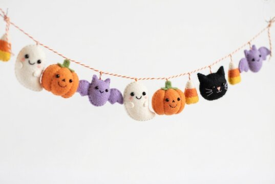 A felt Halloween garland with smiling ghosts, pumpkins, bats and a black cat hangs on a simple white background. Concept of cozy handmade Halloween decorations.