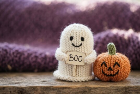 A knitted ghost holding a "BOO" sign sits next to a knitted jack-o'-lantern on a wooden table with a purple knit blanket backdrop. Concept of cozy handmade Halloween decor.