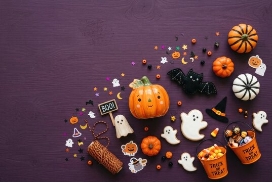 A flat lay of Halloween decorations, cookies, mini pumpkins and candy on a purple wooden background.
Concept of festive Halloween treats and decorations.