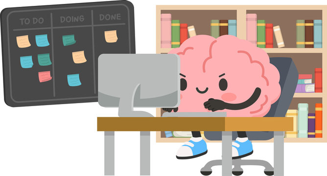 Pink brain character productive at workstation desk