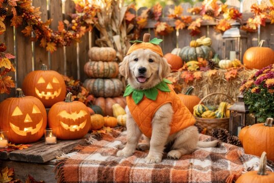 A golden retriever puppy dressed as a pumpkin sits on a plaid blanket among jack-o'-lanterns and autumn decorations. Concept of cozy, family-friendly Halloween decor.