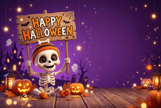 A cheerful cartoon skeleton child wearing a beanie holds a "Happy Halloween" sign among glowing pumpkins and lanterns on a purple backdrop.

