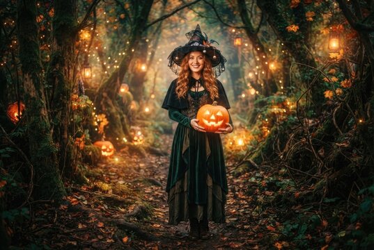 A smiling woman in a witch costume holds a carved glowing pumpkin while standing on a lantern-lit forest path. Concept of enchanted Halloween portrait in a magical autumn forest.