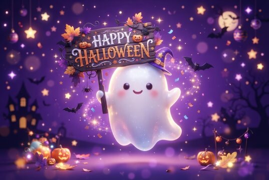 A cheerful cartoon ghost wearing a witch hat holds a "Happy Halloween" sign surrounded by glowing pumpkins, bats and stars on a purple background.
