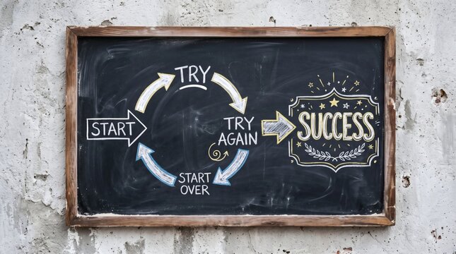 Chalkboard diagram illustrating the cycle of trying and succeeding.