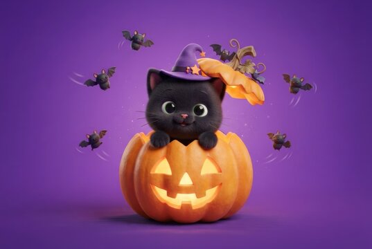A cute black kitten wearing a purple witch hat peeks out of a glowing carved pumpkin surrounded by playful bats. Concept of adorable Halloween kitten and whimsical seasonal magic.