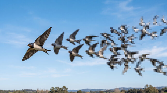 A single barn swallow flying across a bright blue sky, morphing into many pixelated birds, symbolizing digital transformation and the evolution of data.