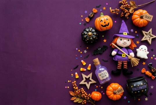A playful Halloween flat lay shows a witch doll, pumpkins, candy corn, a potion bottle and a cauldron on a purple background. Concept of whimsical Halloween decorations and treats.