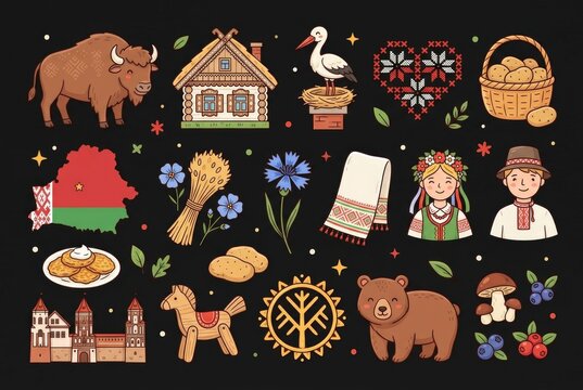 Set of Belarusian stickers featuring a bison, embroidered motifs, stork and folk items. Concept of Belarusian culture and rural folk traditions.