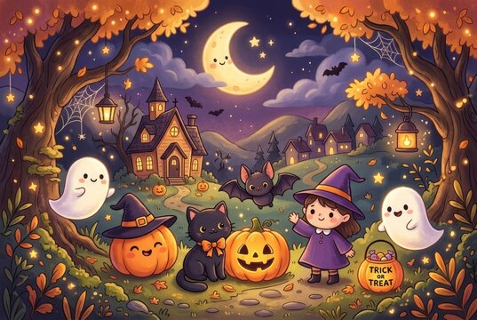 A smiling child dressed as a witch holds a glowing jack-o'-lantern in a charming autumn forest scene.
Concept of Halloween magic and childhood wonder.