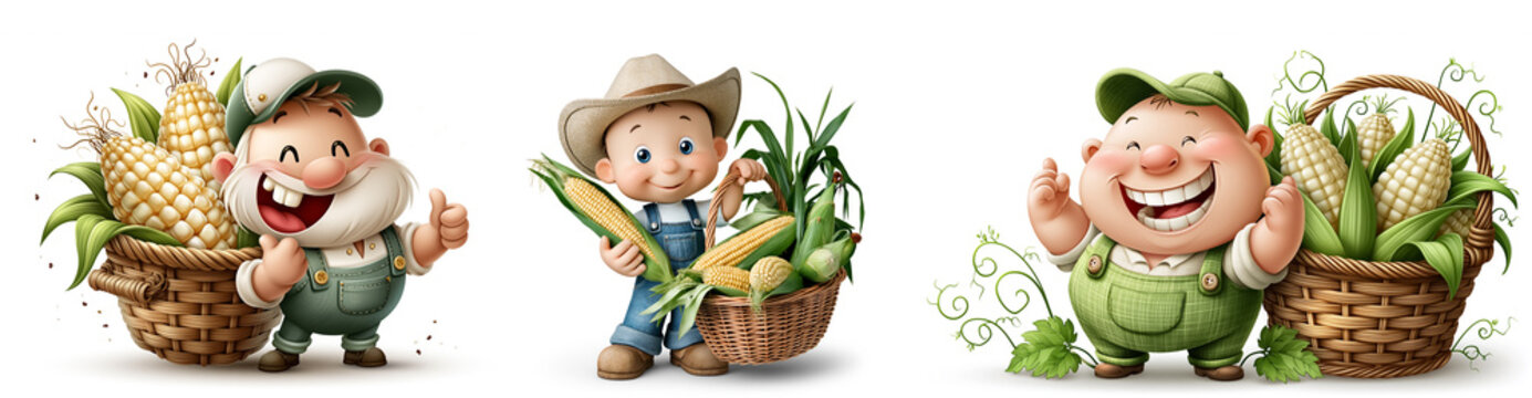 cute cartoon farmer with corn on a white background