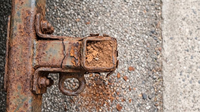 Rusty trailer hitch and corroded metal frame. Weathered iron square tube with heavy brown oxidation and flaking rust. Close up of damaged machinery