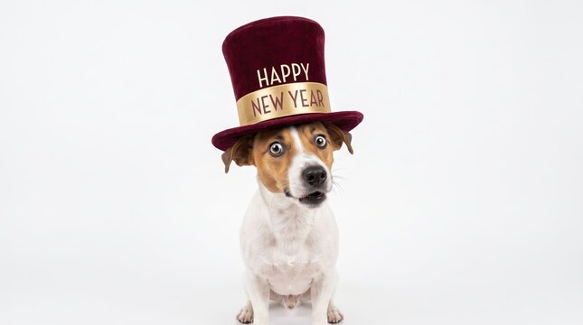 surprised jack russell terrier wearing happy new year top hat and looking at camera with wide eyes on white background