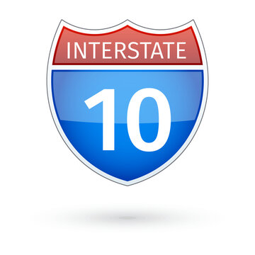 Interstate 10 highway shield sign in red white and blue, American route marker for freeway navigation, road travel, transportation and highway graphics