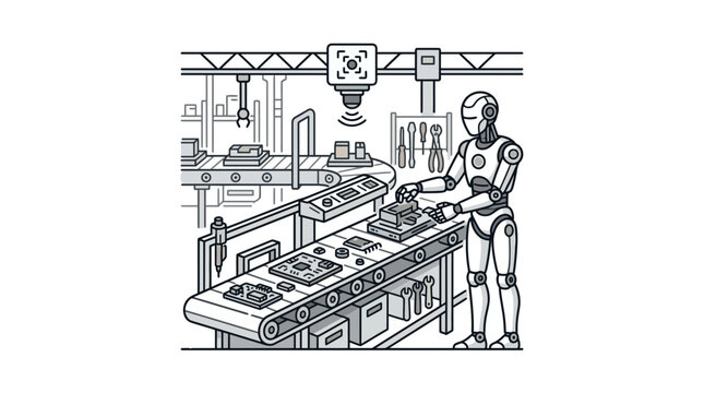 Industrial robot working on automated factory conveyor belt.