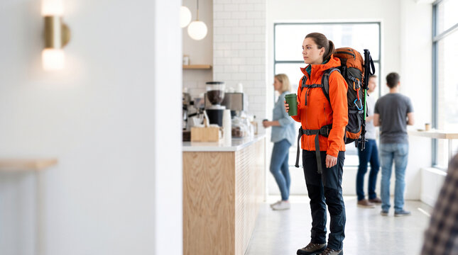 Female hiker with large backpack looking out of place while waiting in cafe