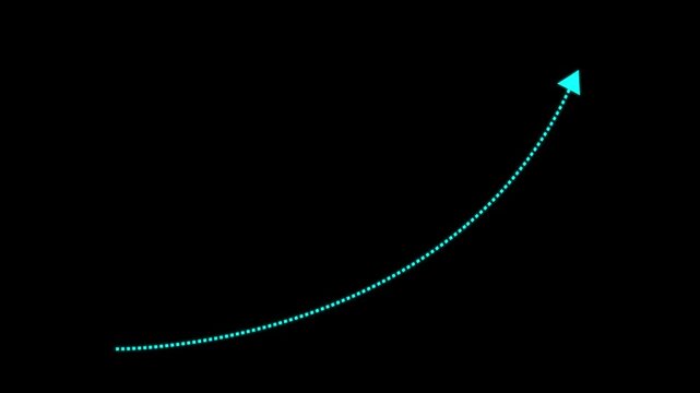 4k Long dotted line arrow animation to indicate an object. arrow animation following wavy dotted line. target arrow icon on black background.