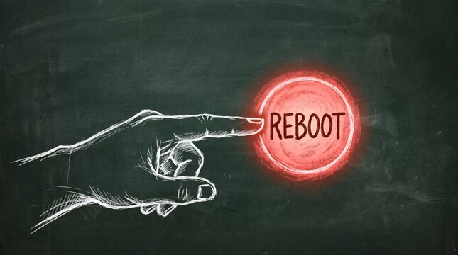 Finger pressing a glowing red reboot button on a dark background.