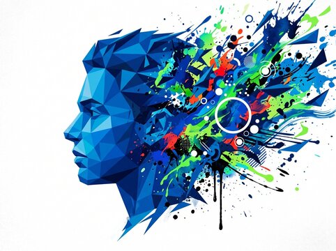 Abstract blue geometric head exploding into colorful paint splashes representing creativity and innovation on white background