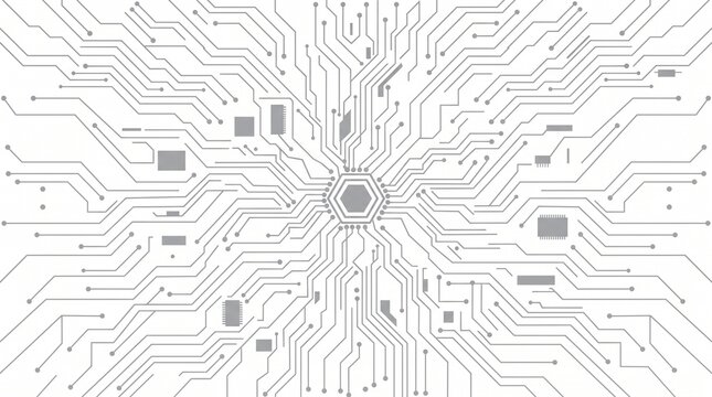 Abstract circuit board pattern radiating from a central hexagonal processor on a white background