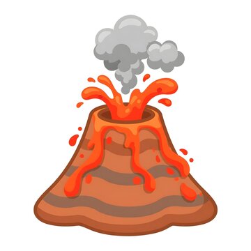 Cute Cartoon Volcano Erupting Icon with Red Orange Lava and Gray Ash Cloud Cloud Isolated on White Background Vector Art
