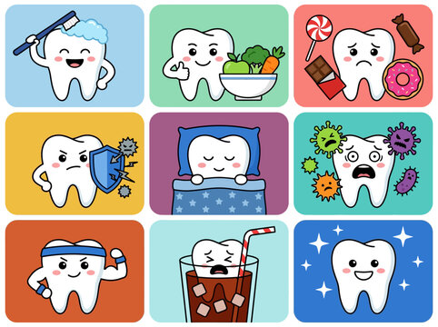 Cute Cartoon Dental Care Icons and Tooth Characters Set