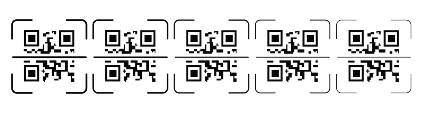 Minimalist vector illustration featuring multiple black scanning QR codes with targeting brackets.