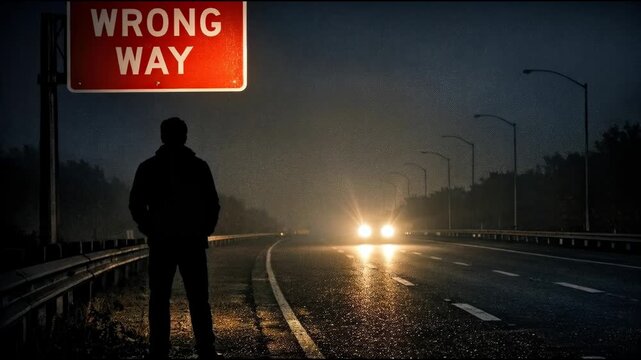 A man standing next to a wrong way sign on the side of the road, a common scene in many places