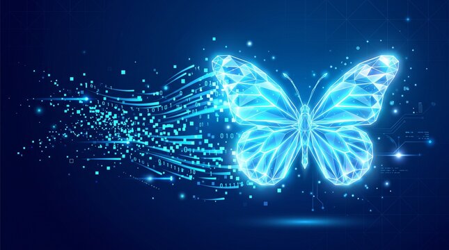 Abstract glowing digital butterfly transforming into data streams against a dark blue background