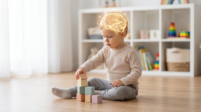 Toddler boy sitting on the floor stacking pastel-colored wooden blocks with glowing digital brain hologram above his head