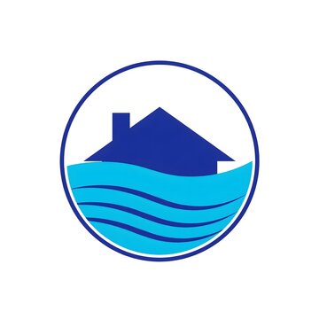 Conceptual Minimalist Flood Logo Icon with Submerged Roof Silhouette and Water Waves in Circular Emblem Isolated on White Background Vector Art