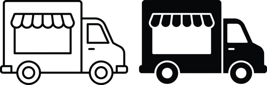 Food truck icons set outline silhouette vector illustration graphics with delivery truck street food market vehicle fast food