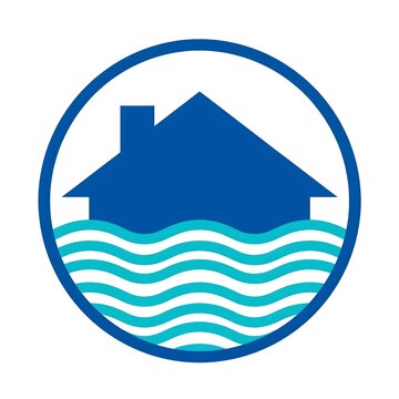 Conceptual Minimalist Flood Logo Icon with Submerged Roof Silhouette and Water Waves in Circular Emblem Isolated on White Background Vector Art