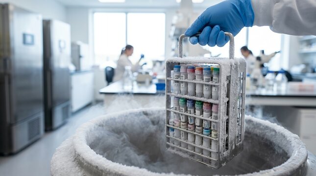 Scientist retrieving a frosted cryogenic storage rack from a liquid nitrogen freezer tank.
