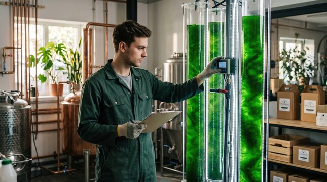 Male technician monitoring algae bioreactor in laboratory. Scientist in green uniform checking data on control panel of glass cylinder with green liquid. Sustainable biotechnology and biofuel concept