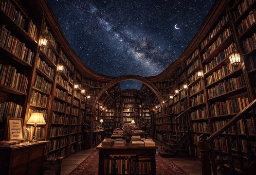 Surreal vintage library with an open roof revealing a starry night sky and Milky Way. Old wooden bookshelves and tables illuminated by warm lamps. Imagination and knowledge concept