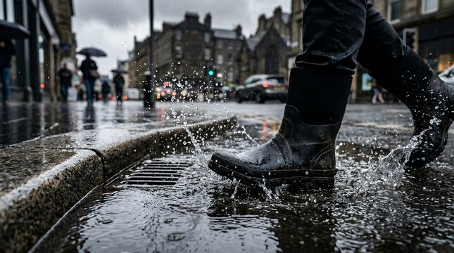 Person in waterproof boots stepping into a puddle on a rainy city street.