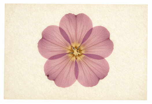 Vintage pressed flower on aged paper, flattened dried petals, herbarium aesthetic, isolated