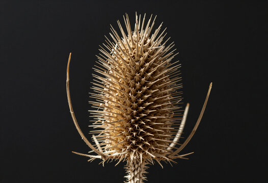 Macro of a dried wild teasel seed head, the spiky cylindrical form, isolated on black